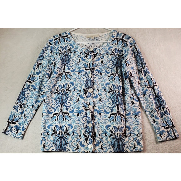 LOFT Tops - LOFT Blouse Top Womens Medium Blue Floral Long‎ Sleeve Round Neck Button Front